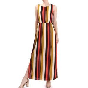 Moa Moa 70's Vibe Lined Striped Sleeveless Maxi Dress with Slits Women's Medium